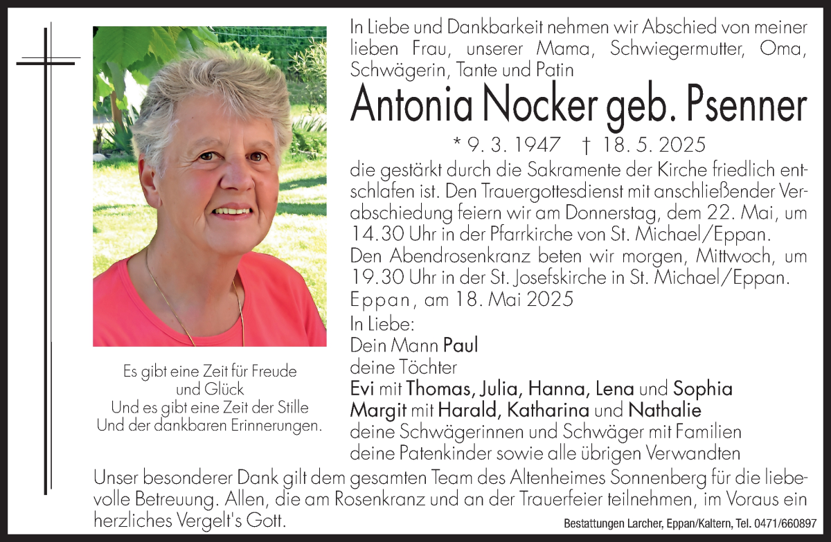  Traueranzeige für Antonia Nocker vom 20.05.2025 aus Dolomiten