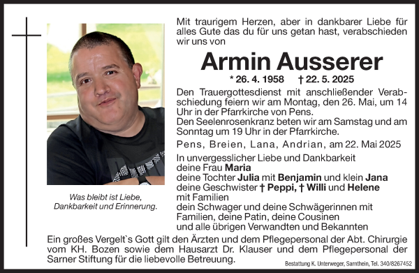 Traueranzeige von Armin Ausserer von Dolomiten