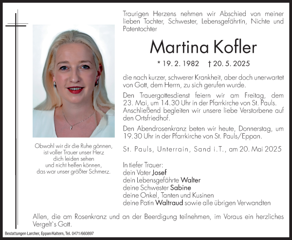 Traueranzeige von Martina Kofler von Dolomiten