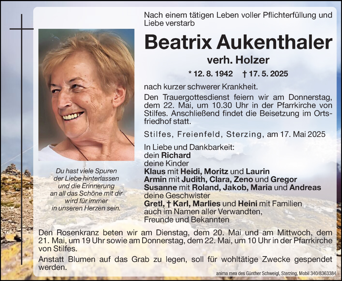  Traueranzeige für Beatrix Holzer vom 20.05.2025 aus Dolomiten