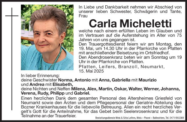 Traueranzeige von Carla Micheletti von Dolomiten