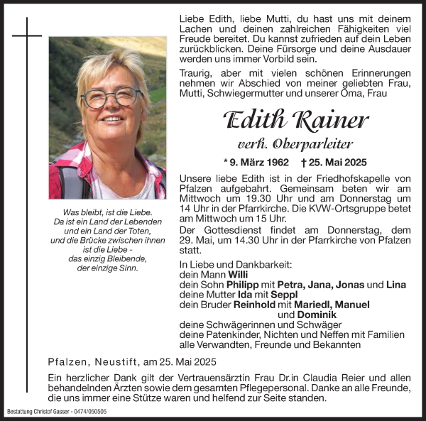 Traueranzeige von Edith Oberparleiter von Dolomiten
