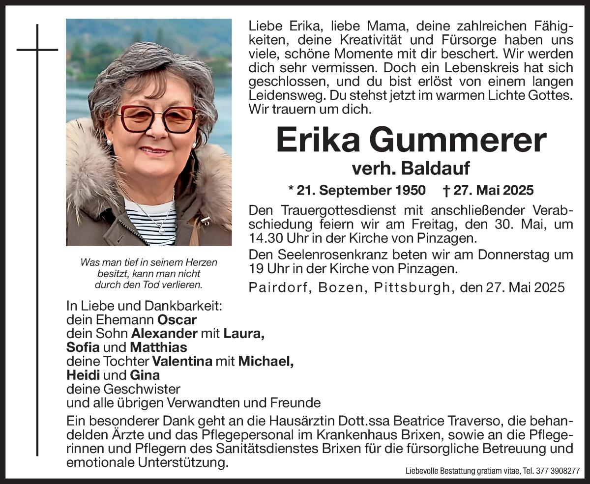  Traueranzeige für Erika Baldauf vom 29.05.2025 aus Dolomiten