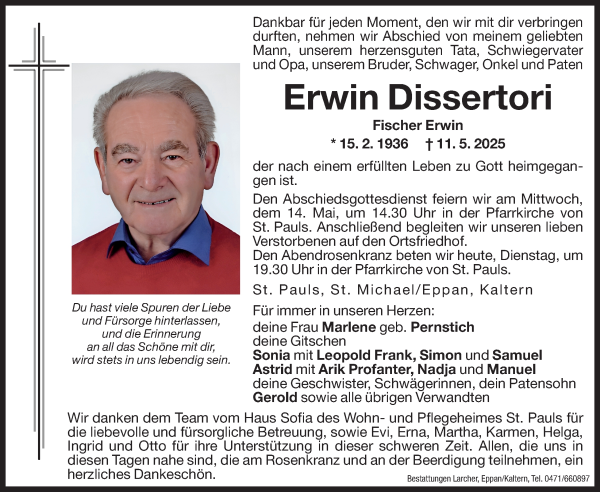 Traueranzeige von Erwin Dissertori von Dolomiten