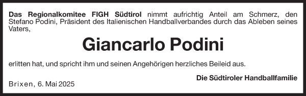 Traueranzeige von Giancarlo Podini von Dolomiten