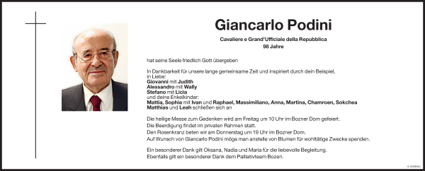 Traueranzeige von Giancarlo Podini von Dolomiten
