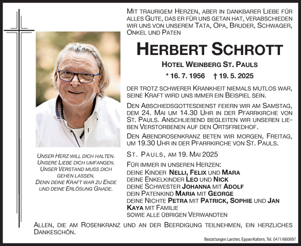 Traueranzeige von Herbert Schrott von Dolomiten