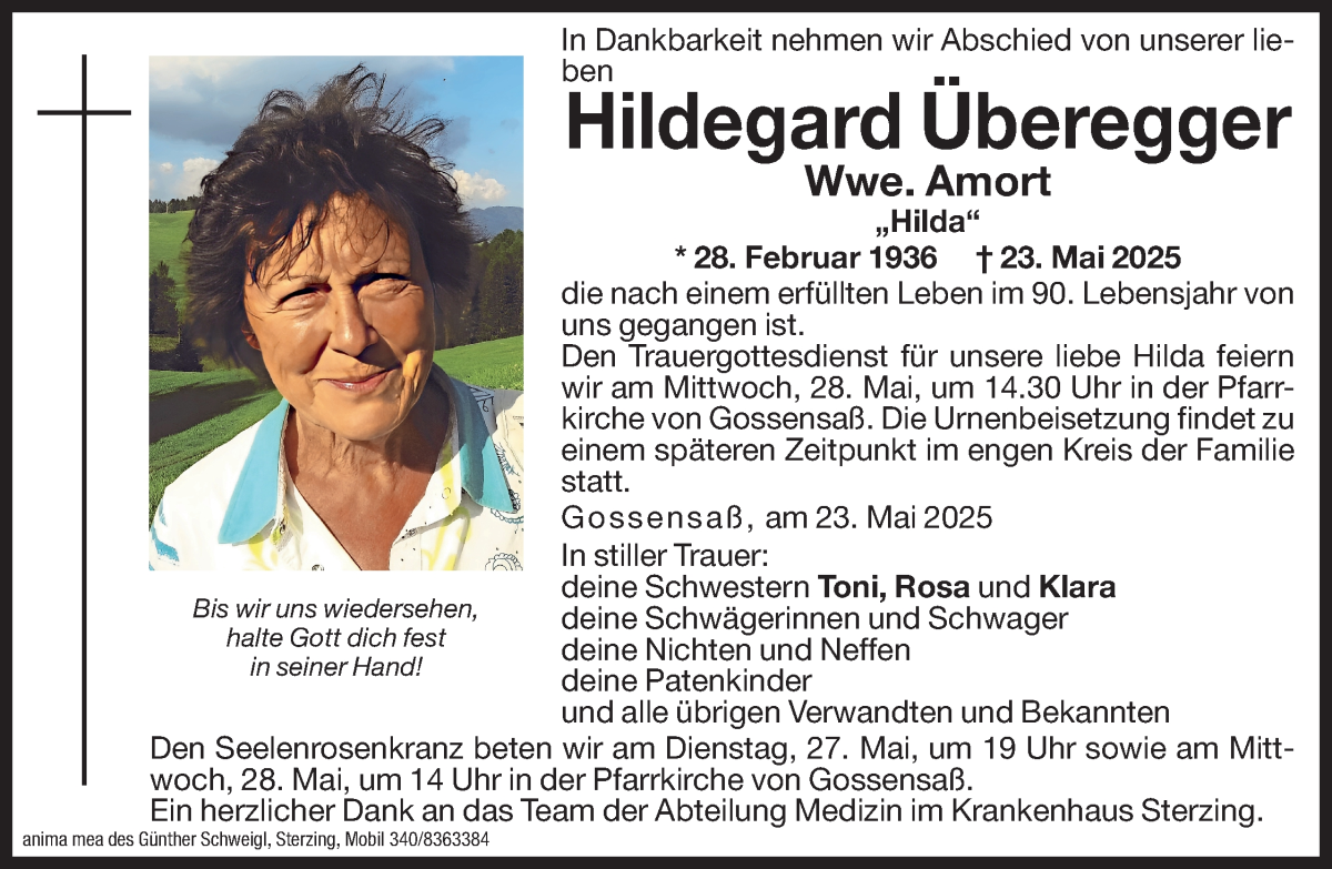  Traueranzeige für Hildegard Amort vom 26.05.2025 aus Dolomiten