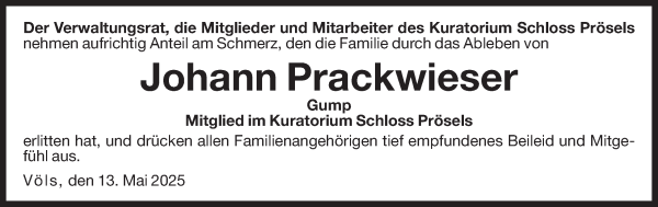 Traueranzeige von Johann Prackwieser von Dolomiten