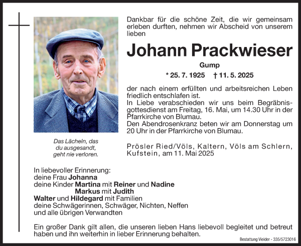 Traueranzeige von Johann Prackwieser von Dolomiten