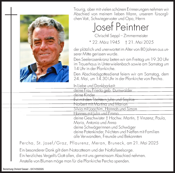 Traueranzeige von Josef Peintner von Dolomiten