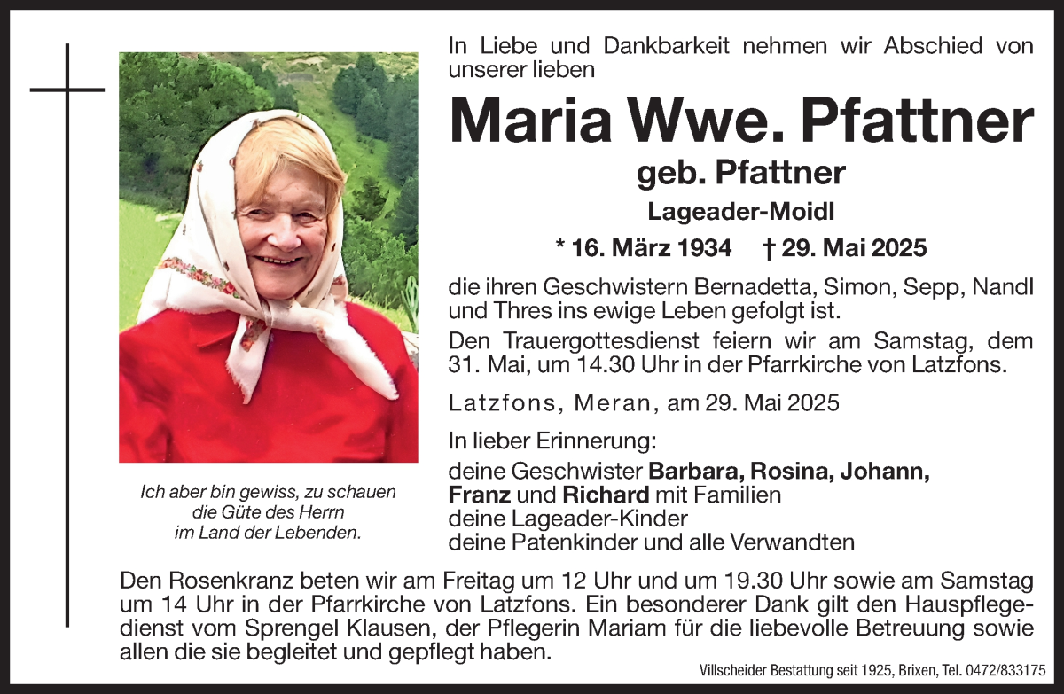  Traueranzeige für Maria Pfattner vom 30.05.2025 aus Dolomiten