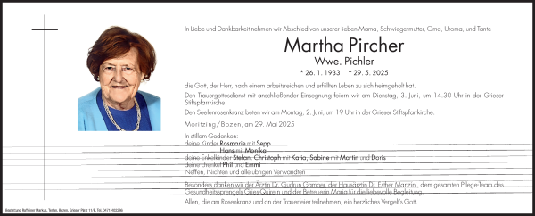 Traueranzeige von Martha Pichler von Dolomiten