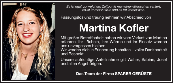 Traueranzeige von Martina Kofler von Dolomiten