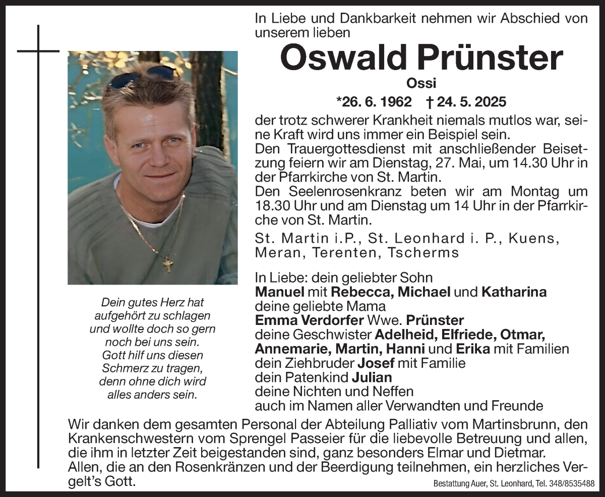  Traueranzeige für Oswald Prünster vom 26.05.2025 aus Dolomiten