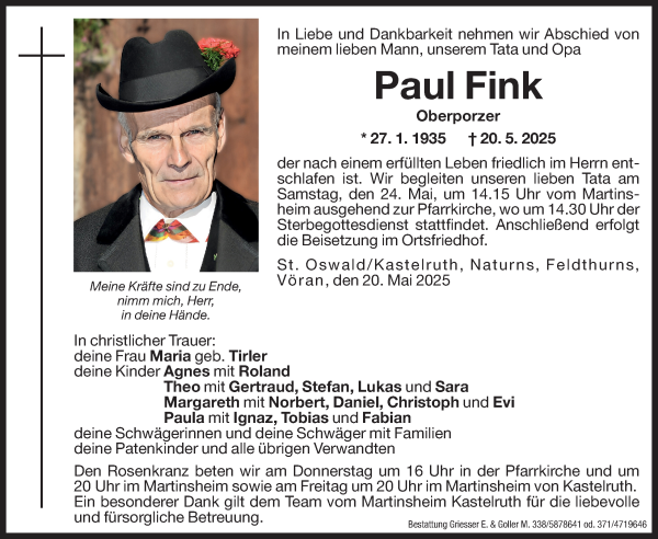 Traueranzeige von Paul Fink von Dolomiten