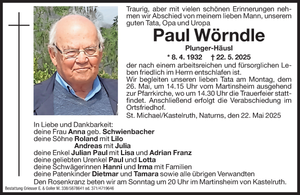 Traueranzeige von Paul Wörndle von Dolomiten