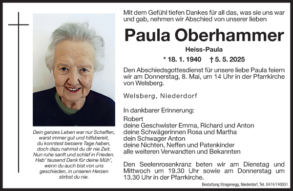 Traueranzeige von Paula Oberhammer von Dolomiten