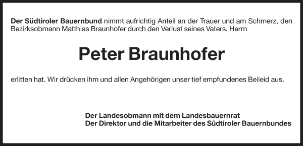 Traueranzeige von Peter Braunhofer von Dolomiten