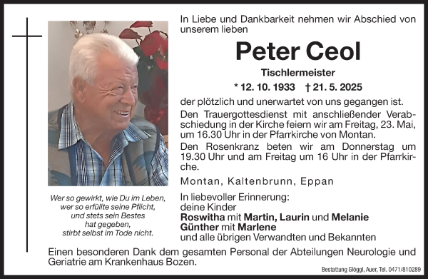 Traueranzeige von Peter Ceol von Dolomiten