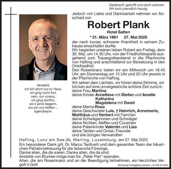 Traueranzeige von Robert Plank von Dolomiten