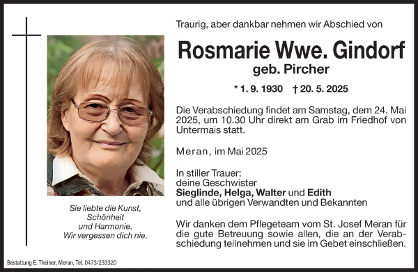 Traueranzeige von Rosmarie Gindorf von Dolomiten