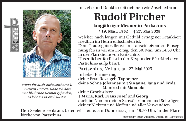 Traueranzeige von Rudolf Pircher von Dolomiten
