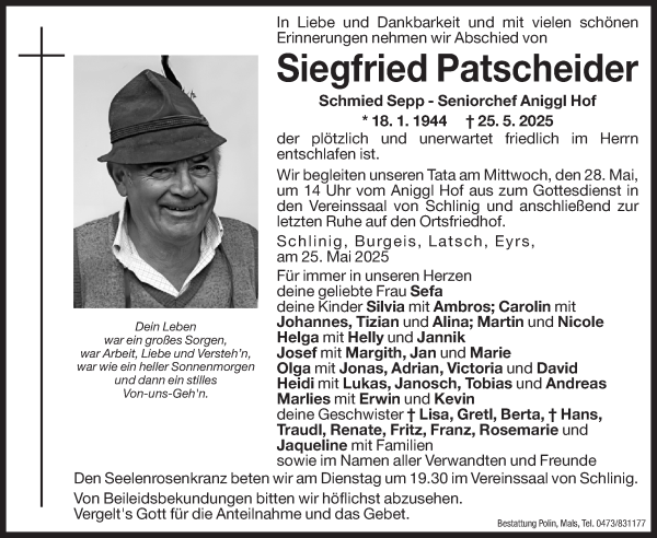 Traueranzeige von Siegfried Patscheider von Dolomiten