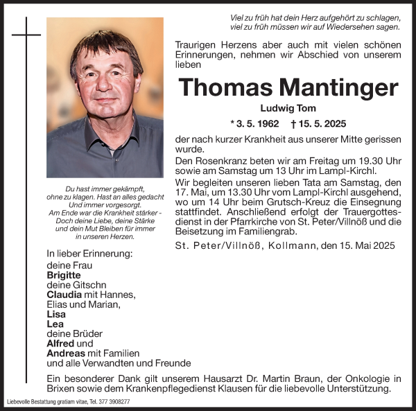 Traueranzeige von Thomas Mantinger von Dolomiten