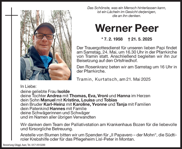 Traueranzeige von Werner Peer von Dolomiten