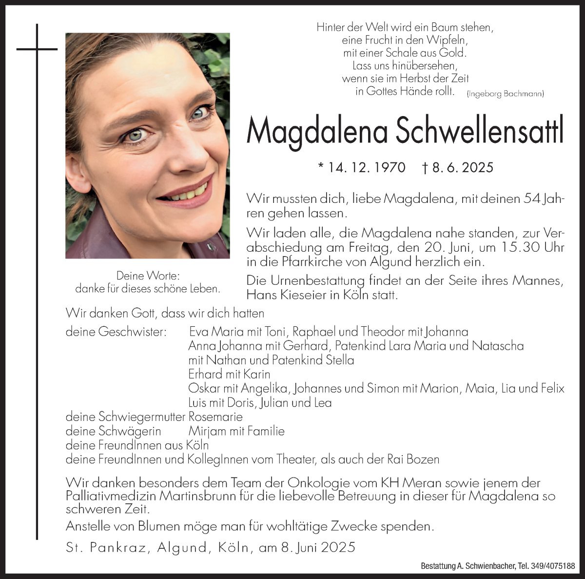  Traueranzeige für Magdalena Schwellensattl vom 18.06.2025 aus Dolomiten