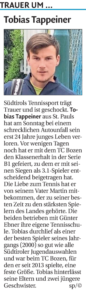 Traueranzeige von Tobias Tappeiner von Dolomiten