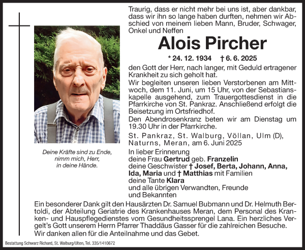 Traueranzeige von Alois Pircher von Dolomiten