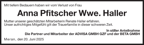 Traueranzeige von Anna Haller von Dolomiten