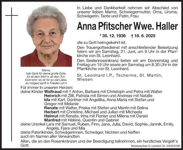 Traueranzeige von Anna Haller von Dolomiten