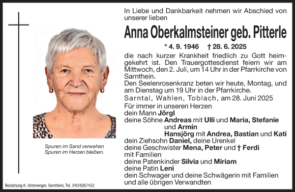 Traueranzeige von Anna Oberkalmsteiner von Dolomiten