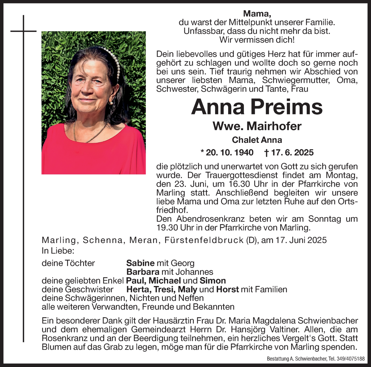  Traueranzeige für Anna Preims vom 20.06.2025 aus Dolomiten
