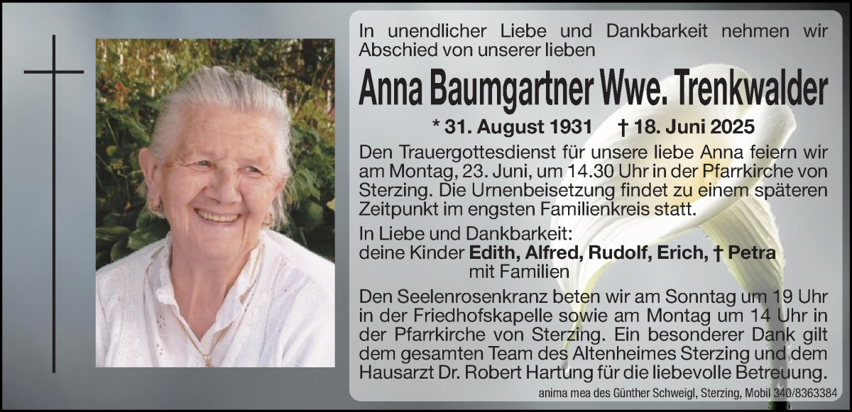  Traueranzeige für Anna Trenkwalder vom 20.06.2025 aus Dolomiten