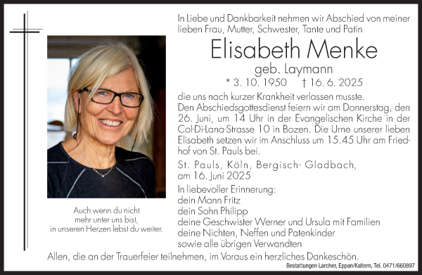 Traueranzeige von Elisabeth Menke von Dolomiten