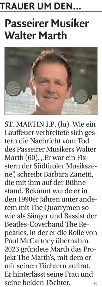 Traueranzeige von Walter Marth von Dolomiten