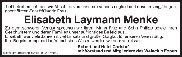 Traueranzeige von Elisabeth Menke von Dolomiten