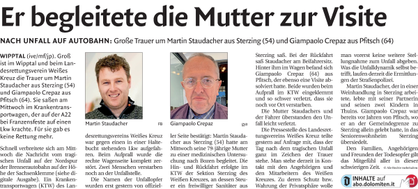 Traueranzeige von Martin Staudacher von Dolomiten