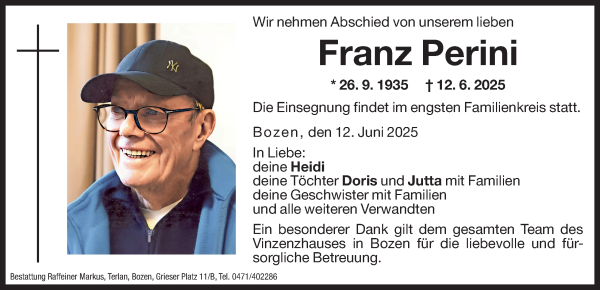 Traueranzeige von Franz Perini von Dolomiten
