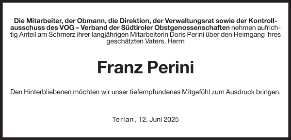 Traueranzeige von Franz Perini von Dolomiten