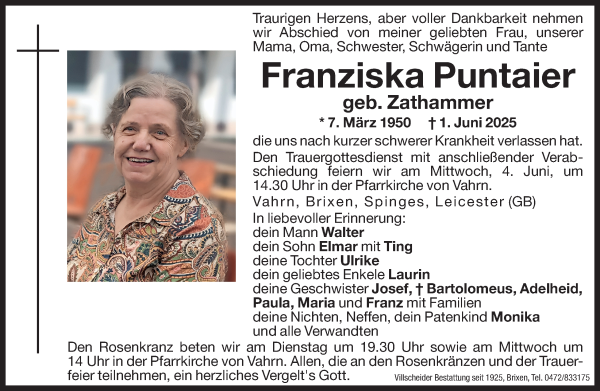 Traueranzeige von Franziska Puntaier von Dolomiten