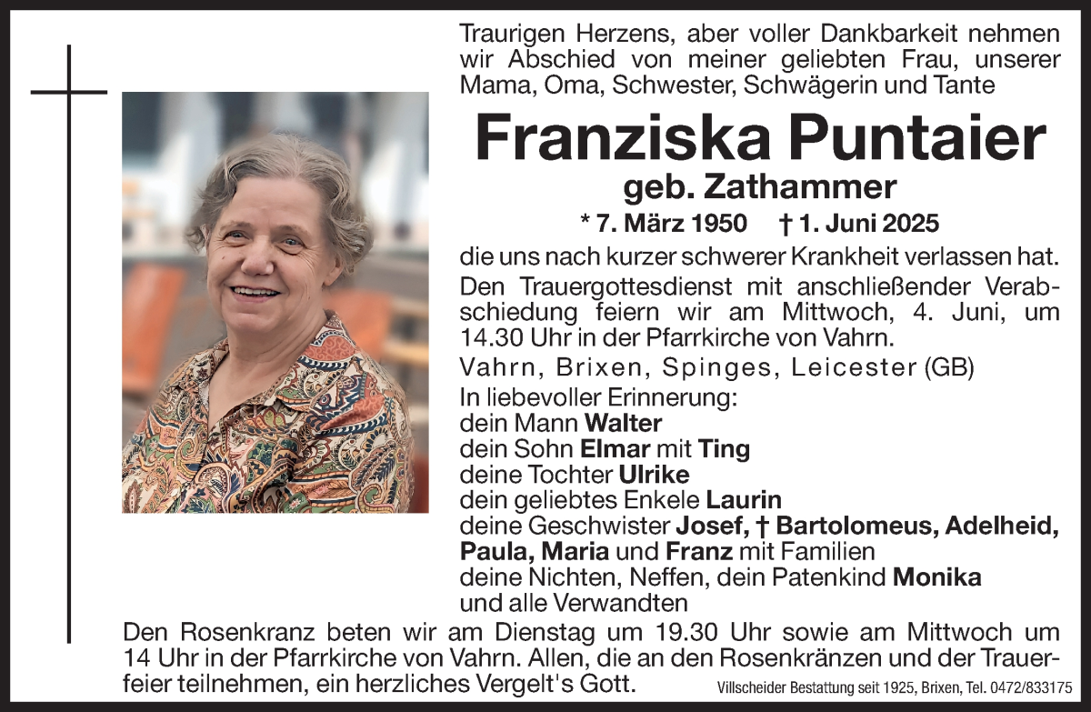  Traueranzeige für Franziska Puntaier vom 03.06.2025 aus Dolomiten