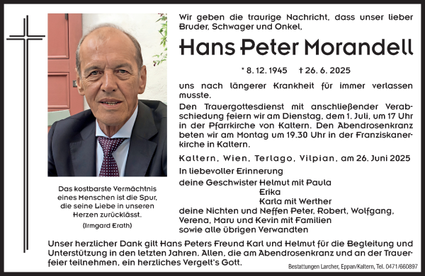 Traueranzeige von Hans Peter Morandell von Dolomiten