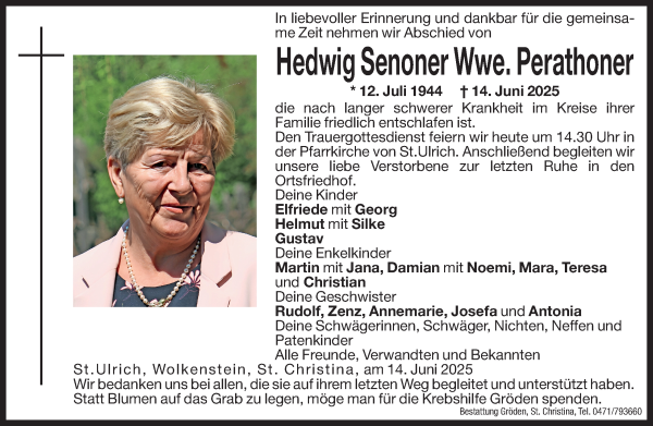 Traueranzeige von Hedwig Perathoner von Dolomiten