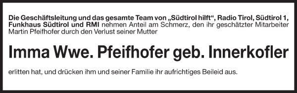 Traueranzeige von Imma Pfeifhofer von Dolomiten