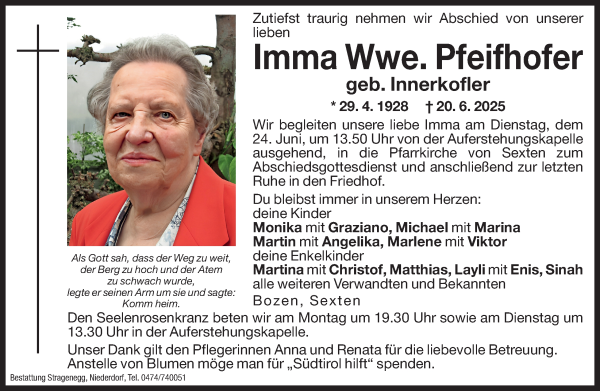 Traueranzeige von Imma Pfeifhofer von Dolomiten